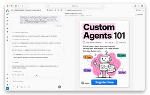 An Ampere agent session creating a LinkedIn webinar image, with the conversation, research, and AI Tool activity visible beside the finished creative in Workspace.