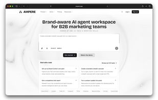 Ampere’s public homepage showing the prompt-first entry point, model controls, and starter marketing tasks for research, content, campaigns, and creative production.