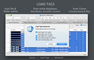 Load tags from online music databases, paths, or iTunes automatically.