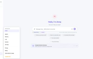 Anna's main chat interface with quick actions, voice input, and model selection