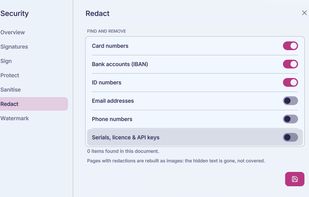 Redaction finds card numbers, IDs, e-mail addresses and more, and removes them for real (Pro)