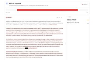The report: every matched passage highlighted in your text, with its source and similarity.