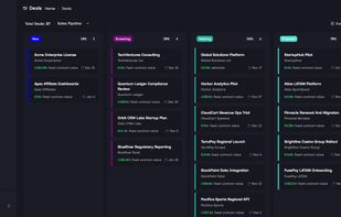 Sales pipeline: drag deals between stages with live values
