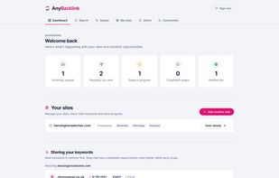 Your dashboard: verified sites you own, and other verified sites that share your topics. Matching keywords are highlighted in each result.