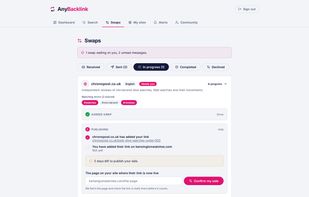 An agreed swap in progress. Each side records the page carrying the link, and AnyBacklink fetches it to check the link is really there before the swap counts.