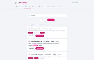 Keyword search across verified sites, filtered by language. Every listing shows its topics, a verified traffic range, and how much it overlaps with your own site.