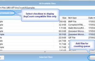 From regular AnyCount window. You can add files with supported extensions (BMP, CHM, CSV, DOC, DOCX, GIF, HLP, HTM, HTML, JPG, MIF, ODP, ODS, ODT, PDF, PNG, PPS, PPT, PPTX, PUB, RAR, RTF, SDC, SDD, SDW, SLP, SXC, SXI, SXW, TXT, VSD, WPD, XLS, XLSX, XML, ZIP) by clicking Add button. AnyCount automatically sorts them into pages with icons according to their file type.