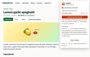 AnyKey's toolbar panel lists the shortcuts for the current site and adds new ones.