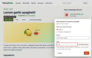 Pick any element on a page, here a recipe site's Save button, and press the keys you want for it.