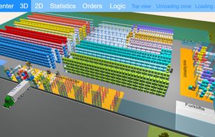 This AnyLogic model simulates how a distribution center warehouse operates. The principal operations are: unloading, loading, and order assembly.