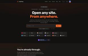 AnyProxy homepage: paste a URL, pick a region and open the site in your browser tab