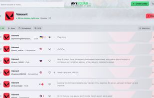 Valorant LFG lobbies with rank, region and language filters
