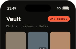 The main vault grid showing folders of hidden photos, videos, and notes.