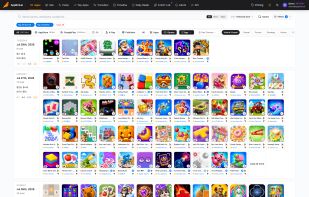 Home feed with new and updated games grouped by release day. The filters along the top narrow the feed by store, apps or games, tags, developer country and genre, and every row shows the icon, title, developer, store badges and a direct link to the app page. The counters in the header reflect the live index, currently over 7 million apps and games.