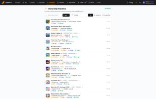 Live feed of app ownership transfers, newest first. Each row shows the app, the developer it moved from and the developer it moved to, the country of each side, the rating and install count, and how long ago the change was detected. Filter by store and by tags.