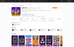 App page for a live Google Play game. The header shows store ranks per category, tags, installs, review count, current version and how long ago we last fetched the app, followed by the developer's other titles, related games, store screenshots, and every ad creative we detected for this app with its network and first seen date.