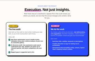 Execution, not just a dashboard. The free audit shows exactly what's holding your app back; paid plans ship the actual work — rewritten metadata, creative direction, and AI-readable content — done for you.

