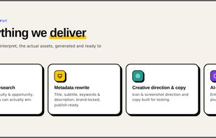 Everything we deliver- Real deliverables, generated and ready to ship: keyword research (volume, difficulty & opportunity), metadata rewrites, creative direction & copy, and AI-discoverability content — not a report to interpret.