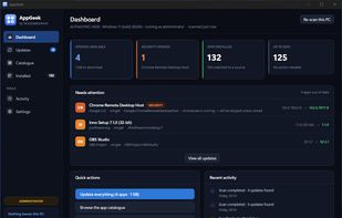 Dashboard — how many apps are installed, how many have updates waiting, and how long since the last scan.