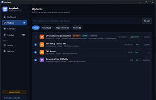 Updates — every out-of-date application, with the installed and available version side by side. Tick what you want.