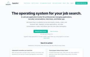 ApplyArc landing page showing the overview of the job search tracking platform and its core features.