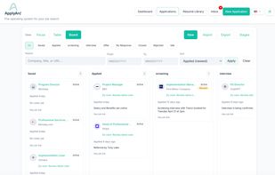 Kanban board style tracker for applications, can also be a table (click to edit) view.