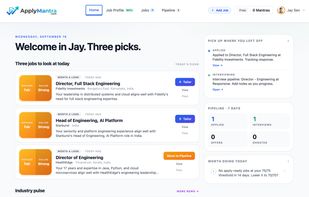 Dashboard - three job picks for the day, ranked by fit, with pipeline status and job-market news.
