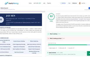 Resume score - 0–100 score with a plain-English summary, what's working, what's holding you back, and a path to 100.