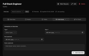 Every role gets one command center for tasks, notes, interview plans, and source context so you execute with less context switching.