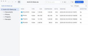 Archi 0.5.0 browsing a fictional sample ZIP with filename and file-type filters.