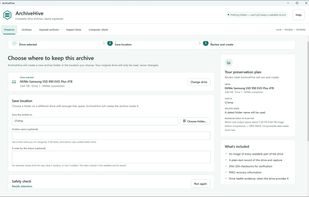 The archive plan lists the source, destination, worst-case space estimate and contents before the capture starts.