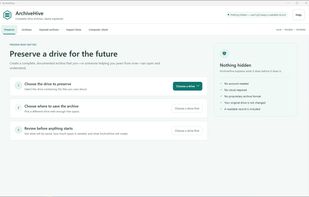The Preserve screen: choose the drive, choose where to save, and review before starting.