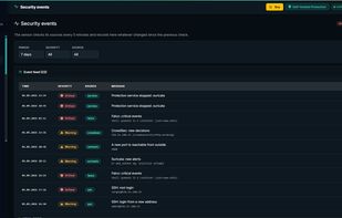 Security events feed: what happened on the server, with severity and source.