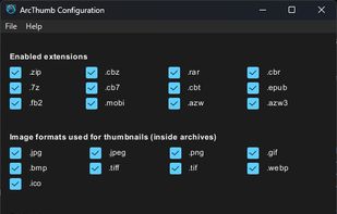 ArcThumb Configuration — toggle supported file extensions, sort order, cover-name preferences, and the preview pane.