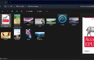 ZIP, EPUB, and MOBI files displayed with cover thumbnails in Windows Explorer.
