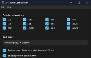 ArcThumb Configuration — toggle supported file extensions, sort order, cover-name preferences, and the preview pane.