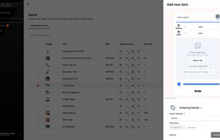 Create new items with image upload, min/order quantities, and live card preview.