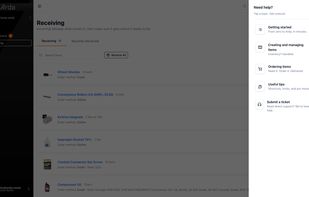 In-app help hub: getting started, managing items, ordering, tips, and support.