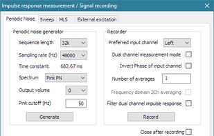 The dialog box for measurement of impulse response using four types of signals: periodic noise, swept-sine, MLS and external impulse.