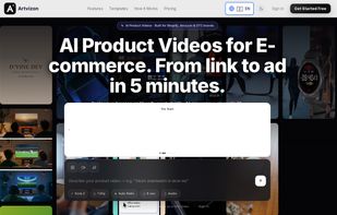 Homepage with examples of AI generated product video ads.