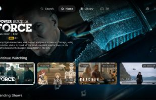 ARVIO Android TV Home screen with an example library; media is not included.