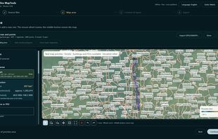 GPX track imported as a reference and converted into a bounding-box export area with size estimates.