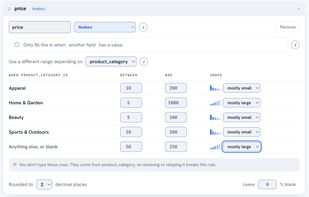Fields can depend on other fields. Each product category gets its own price range and distribution, and the rows come from the category field itself rather than being typed by hand.