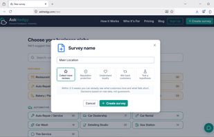 Choose your business niche and survey goal — AskHedgy suggests the right questions automatically from a library covering 90+ niches. No blank form to fill in.