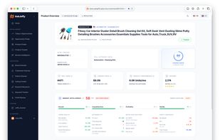 Product Overview:
Product Overview showing complete intelligence for a single ASIN: revenue, BSR, reviews, keywords, profit calculations, and Opportunity Score in one view.