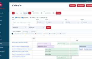 The booking calendar, showing when each asset is booked for which project / client / hire.