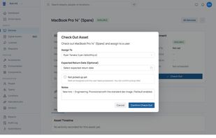 Check out an asset to a person with an expected return date, pickup confirmation, and notes — every movement is recorded in the asset timeline.