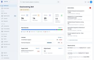 Dashboard — fleet overview with device, license, people, and digital-asset counts, low-stock and renewal alerts, and an action-item queue.