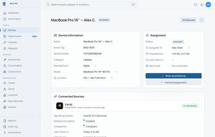 Device detail with a connected MDM source — Iru (formerly Kandji) shown; Jamf and Microsoft Intune also supported. OS version, FileVault, compliance state, and verified serial sync automatically alongside assignment and custody.