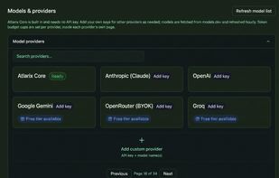 Atlarix Core built in, or bring your own key for any provider
